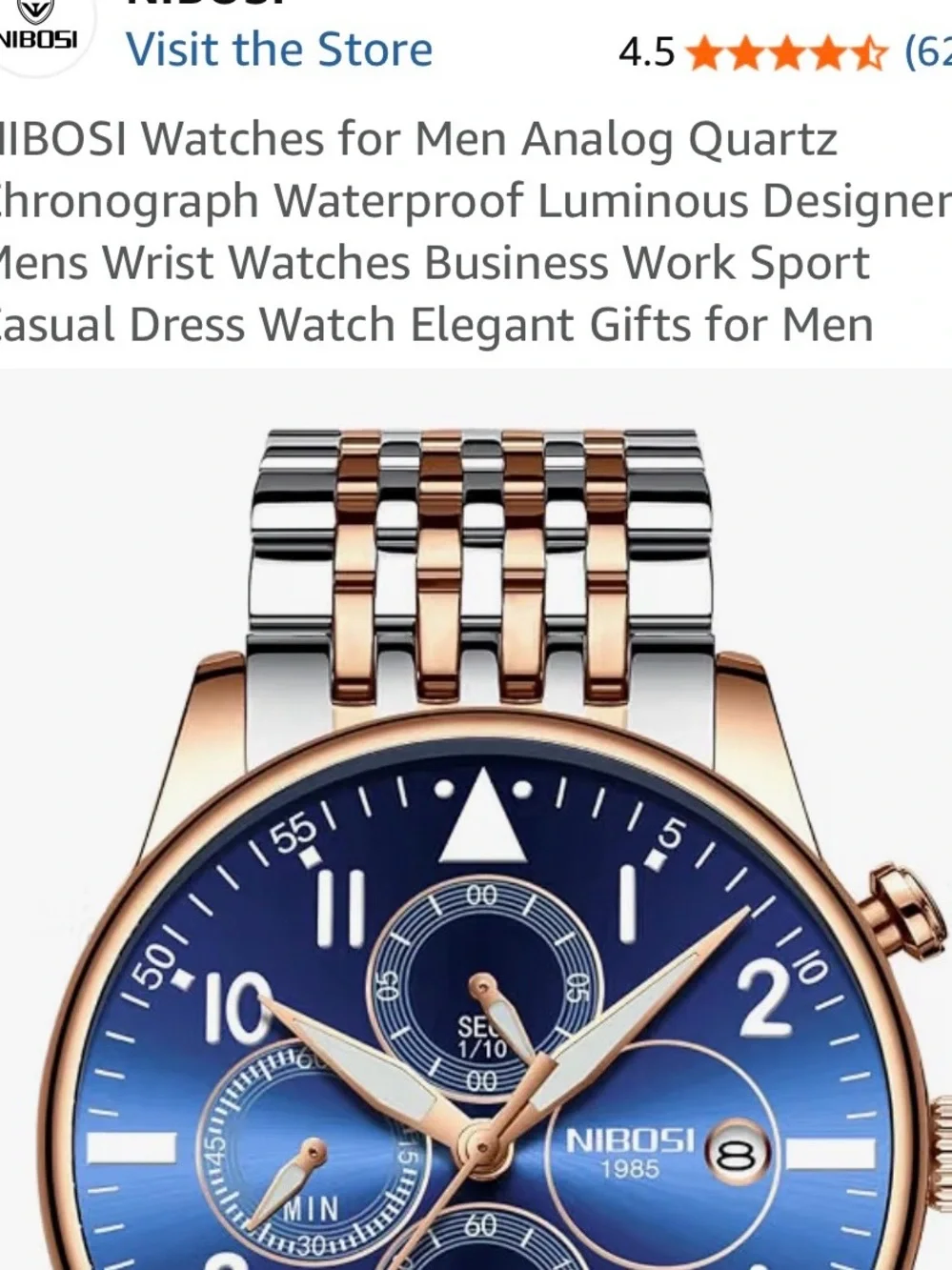 NIBOSI Quartz Blue Dial Two-Tone Chronograph Watch Men’s NW Box and Cloth